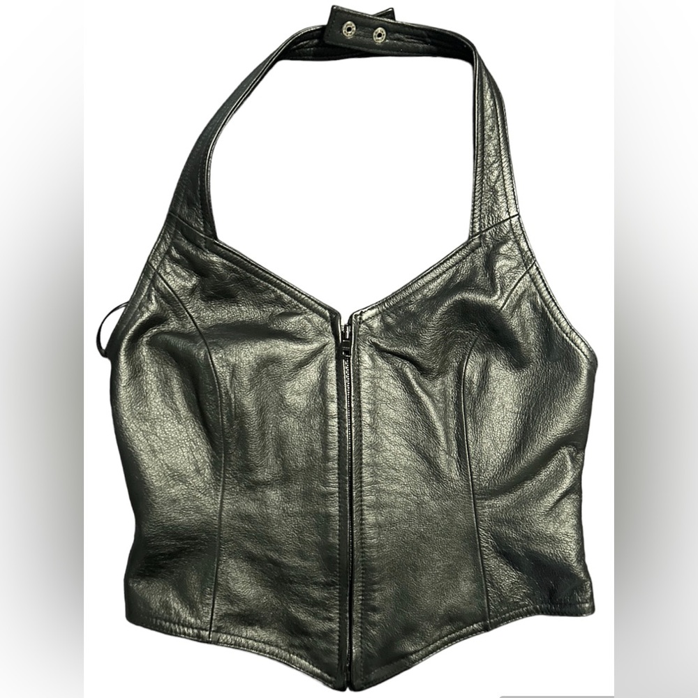 Maxima Wilson’s Leather experts Black Leather Halter Top, Zip Front Vest, Medium